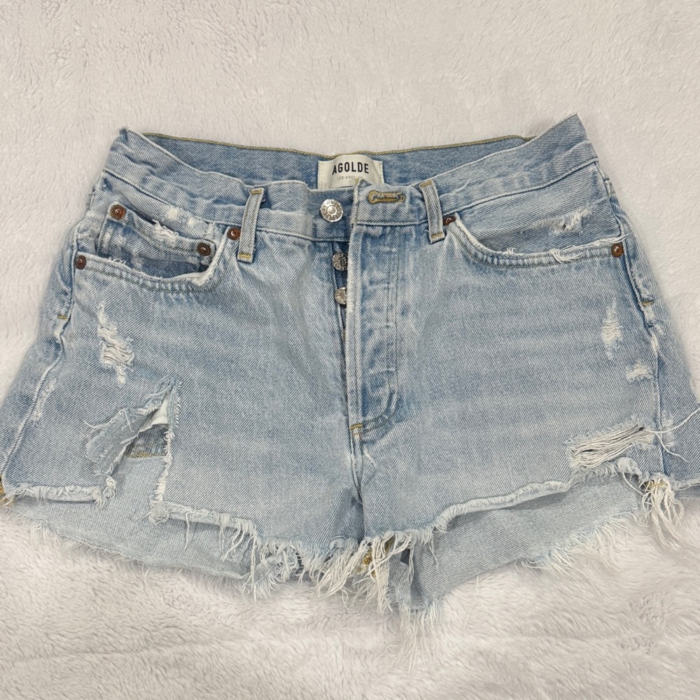 Agolde Faded Blue Distressed Jean Shorts